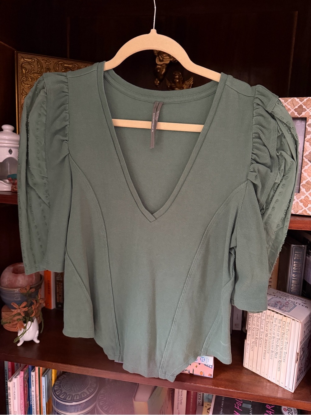 Anthropologie Olive Green V-Neck Puff Sleeve Top